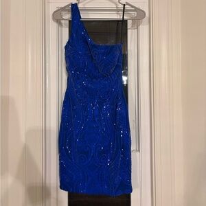 Blue sequin one shoulder mini dress